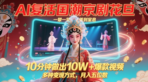 AI复活国潮京剧花旦，一颦一笑美到窒息，10分钟做出10W+爆款视频，多种变现方式，月入五位数-非常互娱