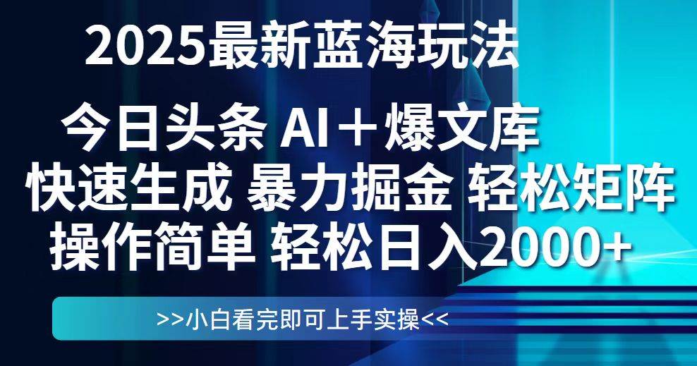 （14805期）今日头条2025最新蓝海玩法，思路简单，复制粘贴，轻松实现矩阵日入2000+-非常互娱